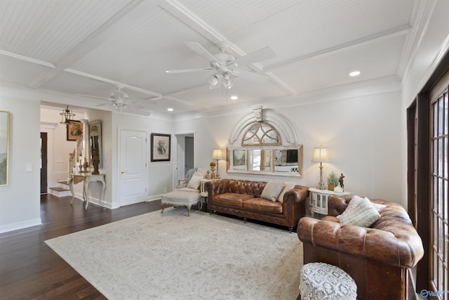 living room featuring coffered ceiling, dark wood-type flooring, beamed ceiling, and ceiling fan