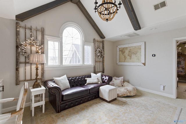 living room featuring beamed ceiling, carpet flooring, a notable chandelier, and high vaulted ceiling