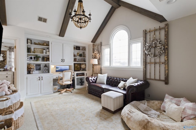 carpeted living room featuring an inviting chandelier, beam ceiling, built in desk, and high vaulted ceiling