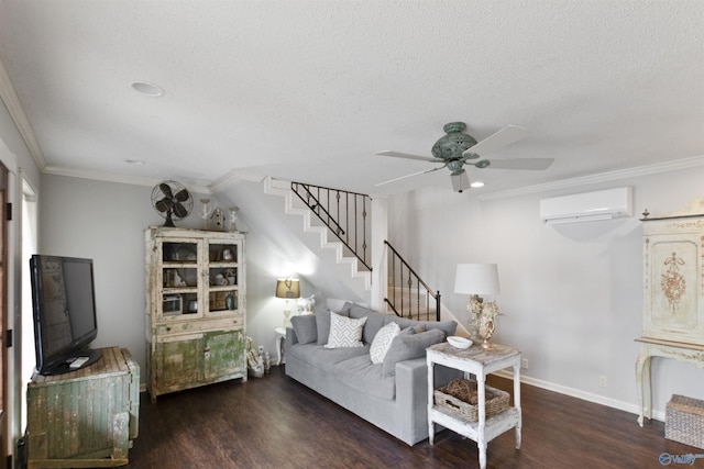 living room featuring crown molding, a textured ceiling, dark hardwood / wood-style floors, and a wall mounted AC