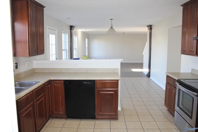 kitchen featuring hanging light fixtures, light tile patterned flooring, electric stove, black dishwasher, and kitchen peninsula