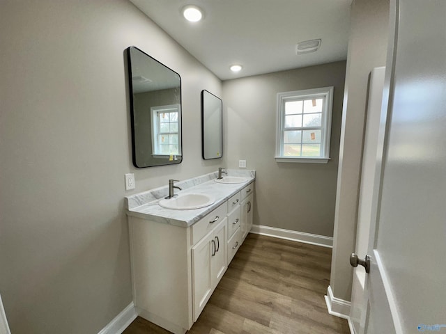 bathroom with wood-type flooring and vanity