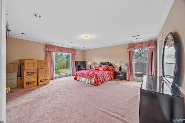 bedroom with carpet, a textured ceiling, and crown molding