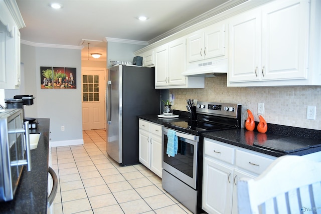 kitchen featuring white cabinets, light tile patterned floors, crown molding, and appliances with stainless steel finishes