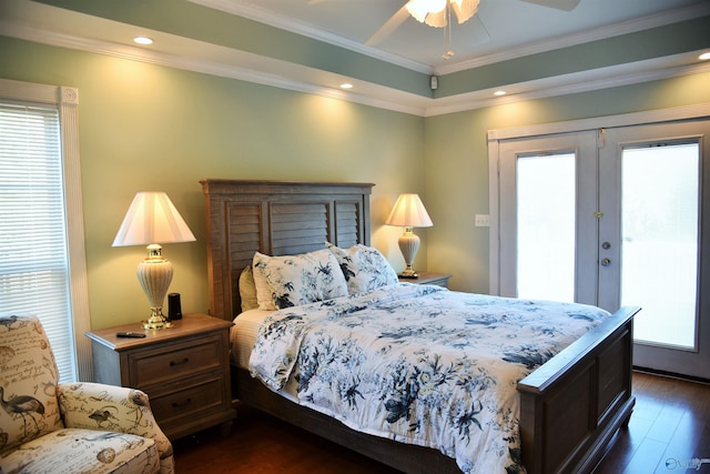 bedroom with dark hardwood / wood-style flooring, french doors, access to outside, ceiling fan, and crown molding