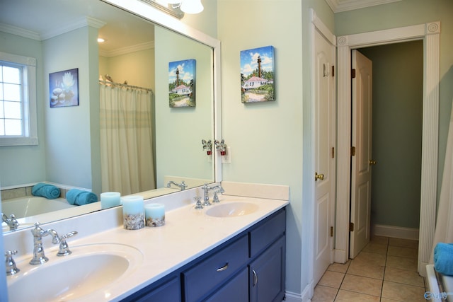 bathroom featuring tile patterned floors, vanity, ornamental molding, and shower with separate bathtub