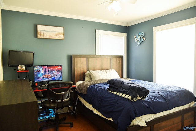 bedroom with wood-type flooring, multiple windows, ceiling fan, and ornamental molding