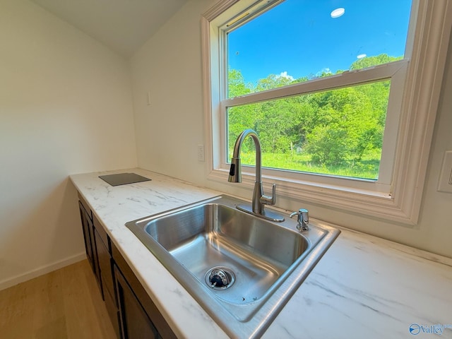 140 Ben Johnson Rd, Pulaski, TN 38478 - kitchen featuring a sink, light stone countertops, light wood finished floors, vaulted ceiling, and baseboards