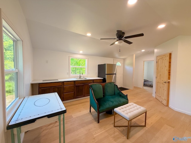 140 Ben Johnson Rd, Pulaski, TN 38478 - sitting room with light wood-style flooring, recessed lighting, lofted ceiling, a ceiling fan, and baseboards