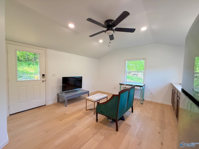 140 Ben Johnson Rd, Pulaski, TN 38478 - living area with light wood-style flooring, lofted ceiling, baseboards, a ceiling fan, and recessed lighting