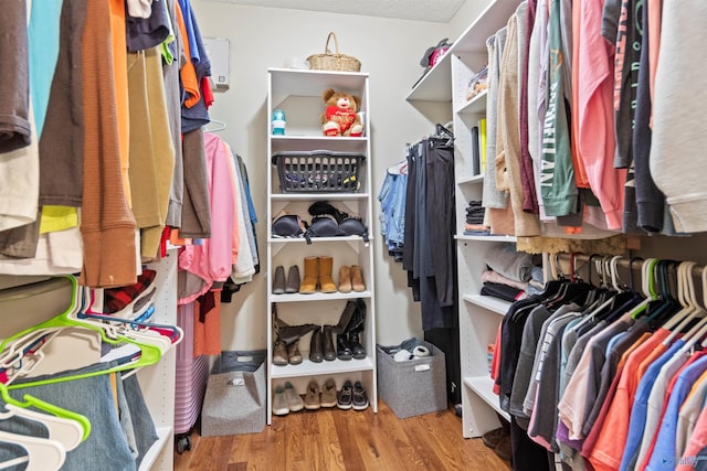walk in closet with wood finished floors