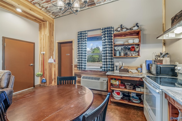 dining space featuring brick ceiling, a wall mounted air conditioner, and a notable chandelier