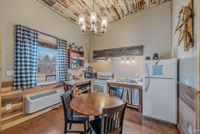 dining room featuring a chandelier, brick ceiling, a wall mounted air conditioner, and concrete floors