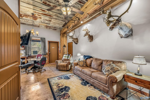 living room with wood ceiling, high vaulted ceiling, and ceiling fan with notable chandelier