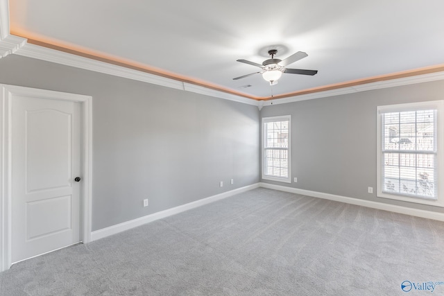 carpeted spare room featuring ceiling fan and ornamental molding