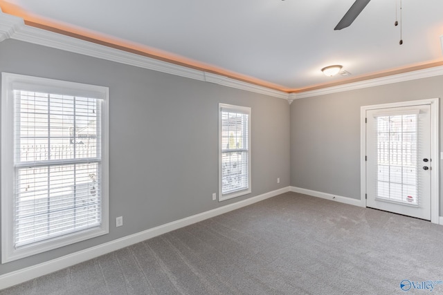 carpeted spare room featuring crown molding and ceiling fan