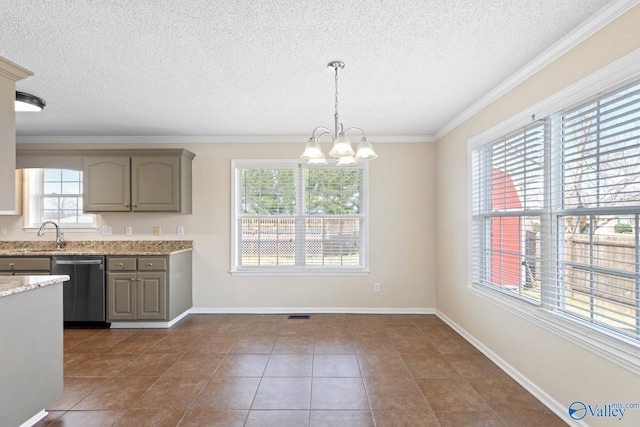 kitchen with an inviting chandelier, a sink, gray cabinetry, stainless steel dishwasher, and decorative light fixtures