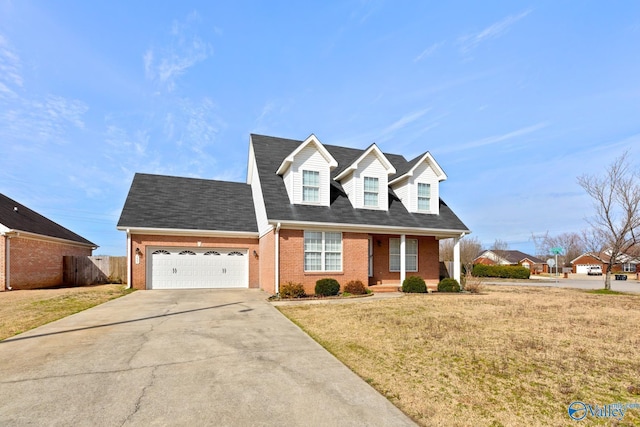 cape cod-style house featuring a front lawn, driveway, fence, a garage, and brick siding