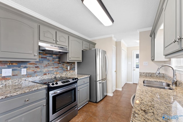 kitchen with under cabinet range hood, gray cabinetry, stainless steel appliances, and a sink