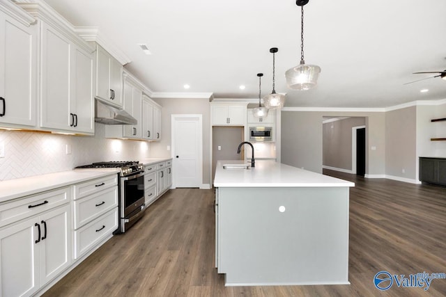 210 Lyndon Cove Rd, Huntsville, AL 35811 - kitchen with appliances with stainless steel finishes, under cabinet range hood, backsplash, open floor plan, and recessed lighting
