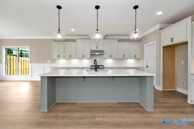210 Lyndon Cove Rd, Huntsville, AL 35811 - kitchen featuring ornamental molding, light countertops, under cabinet range hood, a kitchen island with sink, and white cabinetry
