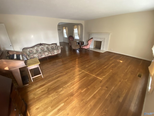 living room featuring hardwood / wood-style floors and a premium fireplace