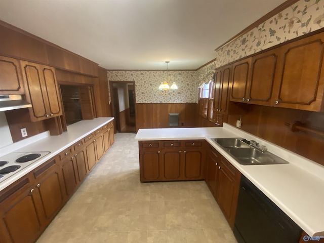 kitchen featuring sink, black dishwasher, a notable chandelier, decorative light fixtures, and kitchen peninsula