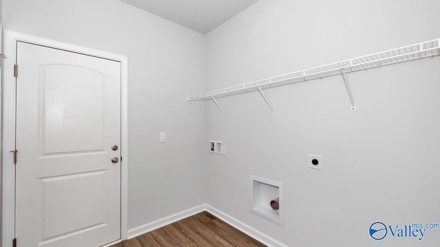 washroom featuring dark wood-style floors, laundry area, hookup for an electric dryer, baseboards, and washer hookup
