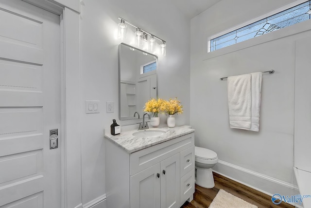 bathroom with vanity, toilet, and hardwood / wood-style floors