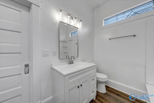 bathroom featuring vanity, hardwood / wood-style flooring, and toilet