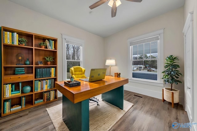 office area featuring ceiling fan, wood-type flooring, and a wealth of natural light