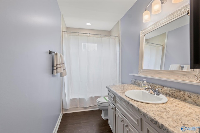 605 Holland Dr SW, Decatur, AL 35601 - bathroom featuring wood finished floors, vanity, toilet, baseboards, and recessed lighting