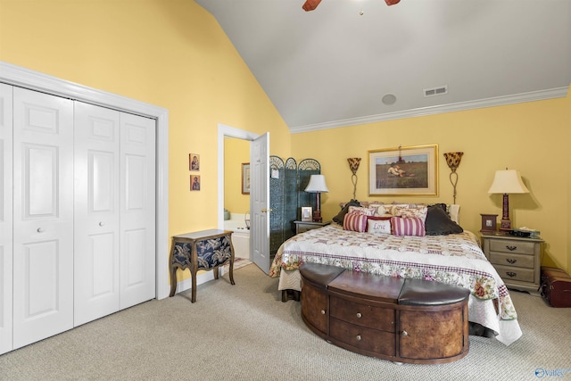 6468 Turtle Bay Way E, Athens, AL 35611 - bedroom with lofted ceiling, carpet flooring, a closet, connected bathroom, and ornamental molding