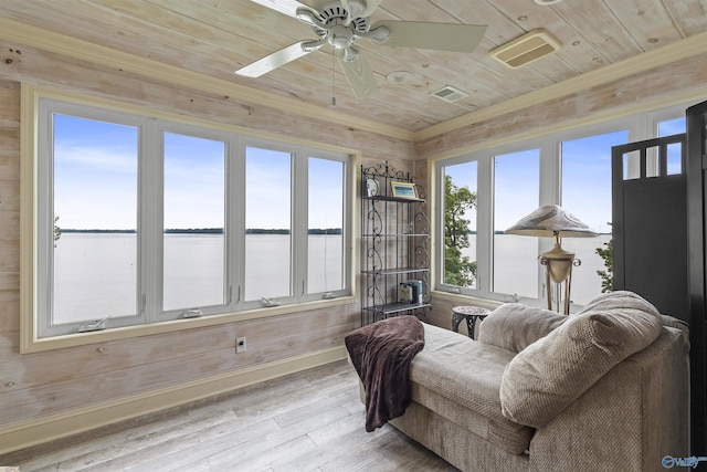6468 Turtle Bay Way E, Athens, AL 35611 - sitting room featuring wood-type flooring, wood ceiling, baseboards, a water view, and a ceiling fan