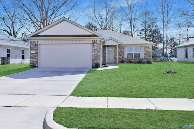 single story home with central AC unit, a garage, and a front lawn