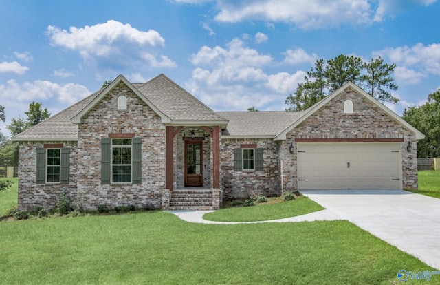 view of front facade with a garage, concrete driveway, brick siding, and a front yard