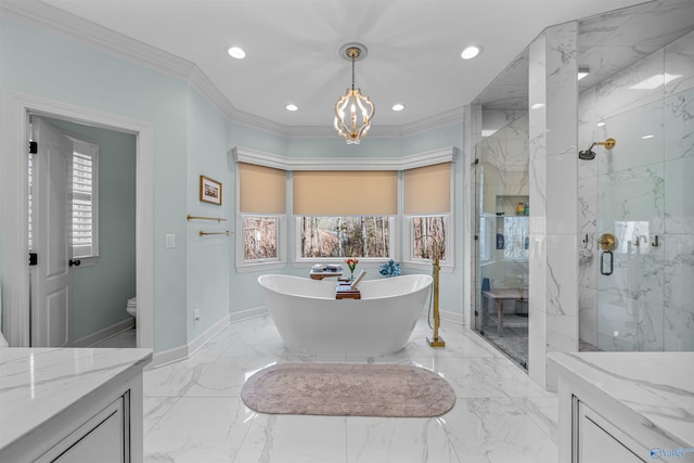 bathroom with a marble finish shower, marble finish floor, ornamental molding, and a healthy amount of sunlight