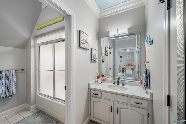 bathroom with vanity, baseboards, tile patterned flooring, crown molding, and combined bath / shower with glass door