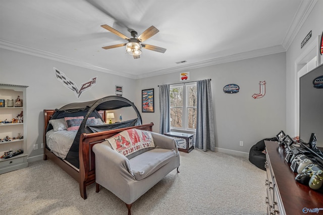 bedroom with visible vents, ornamental molding, a ceiling fan, baseboards, and light colored carpet