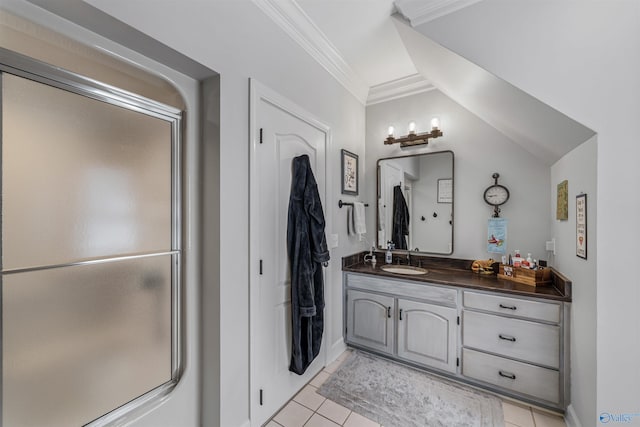 bathroom with vanity, tile patterned flooring, and ornamental molding