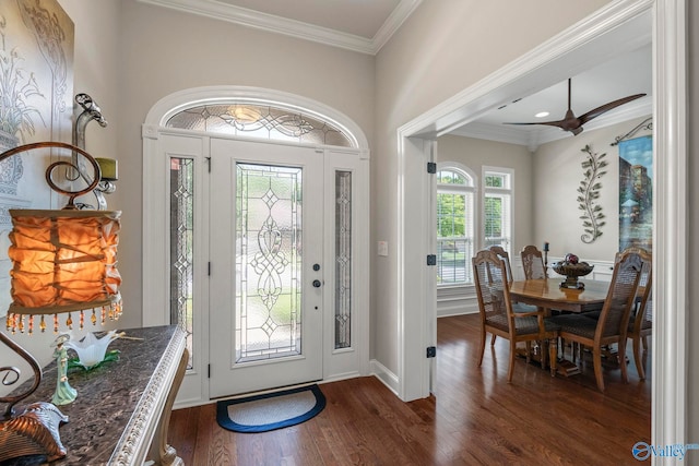 907 Binding Br NW, Huntsville, AL 35806 - foyer with dark wood-style floors, crown molding, and a ceiling fan