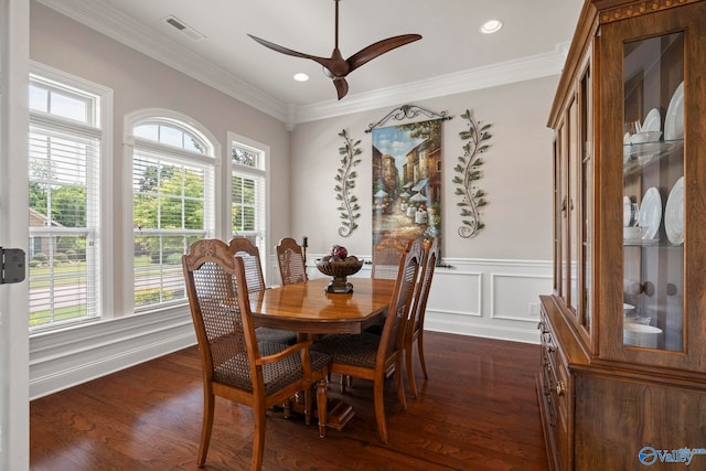 907 Binding Br NW, Huntsville, AL 35806 - dining room with healthy amount of natural light, crown molding, ceiling fan, dark wood finished floors, and recessed lighting