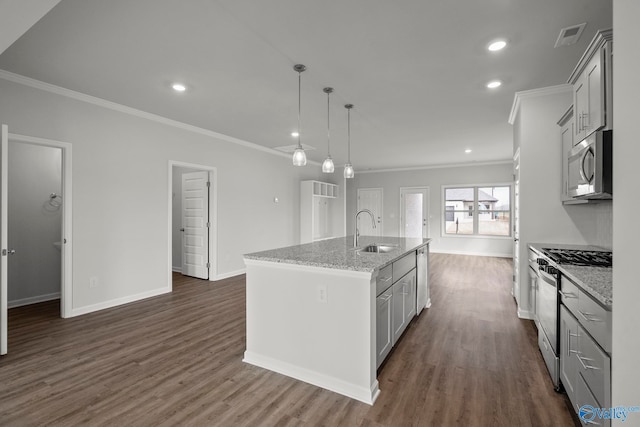 kitchen with a kitchen island with sink, dark wood-type flooring, sink, light stone countertops, and appliances with stainless steel finishes