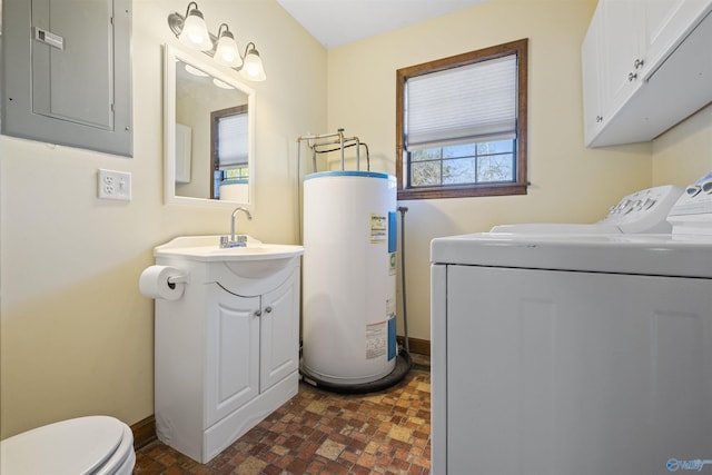 220 County Road 564, Leesburg, AL 35983 - clothes washing area featuring water heater, laundry area, a sink, washing machine and dryer, and electric panel