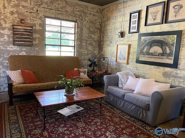 living room featuring crown molding