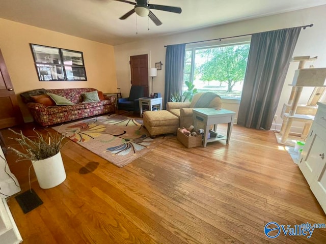 living room featuring light hardwood / wood-style flooring and ceiling fan