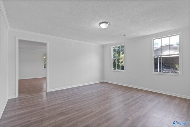 empty room with wood-type flooring, crown molding, and a textured ceiling