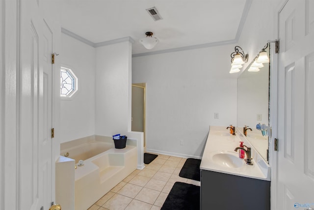 full bath with visible vents, a sink, a garden tub, and tile patterned floors