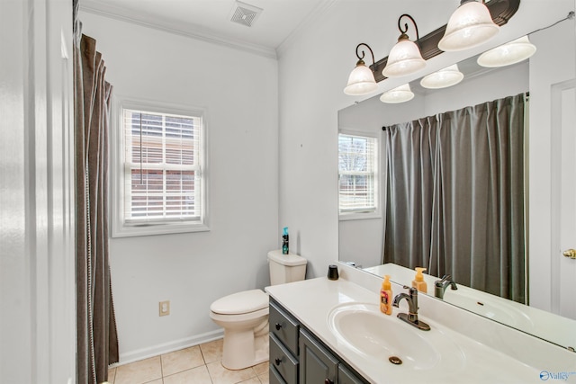 bathroom featuring toilet, vanity, visible vents, ornamental molding, and tile patterned floors