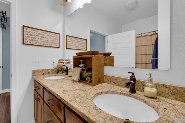 bathroom featuring hardwood / wood-style floors, vanity, and walk in shower